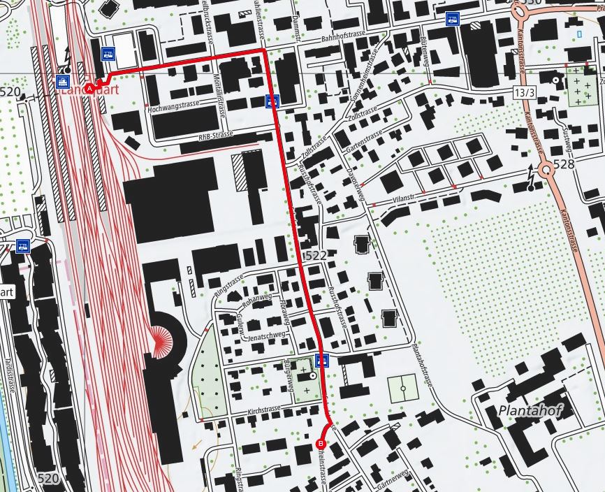 Kartenausschnitt mit Fussweg vom Bahnhof zum Tagungszentrum